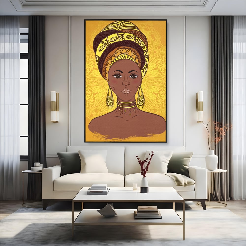 Tablou canvas cu ilustratie digitala cu femeie africana, in rama de aluminiu negru, pe perete intr-un living